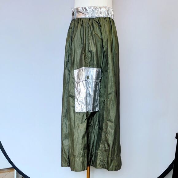 GANNI Nylon Olive & Silver Metallic Full Maxi Skirt Size EU 34 Logo Snap Closure - Picture 2 of 6